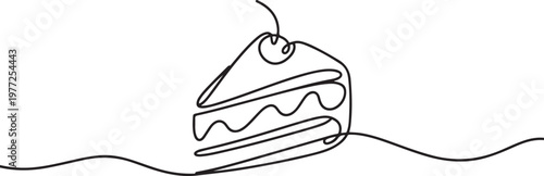 Slice of Cake Continuous Line. Continuous one line drawing pastry cutlet dish with cherry. Dessert concept. one line Icon drawing