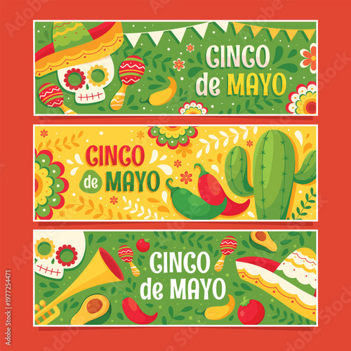 Festive cinco de mayo banners with traditional mexican imagery and decorations