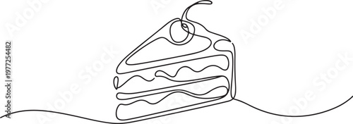 Slice of Cake Continuous Line. Continuous one line drawing pastry cutlet dish with cherry. Dessert concept. one line Icon drawing