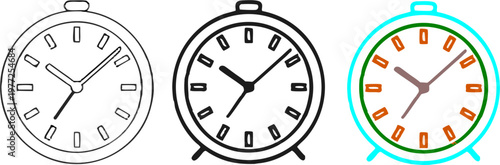 Analog Clock Timepiece Vector Icon Set - 3 Variations Including Outline, Solid, and Colorful Flat Design
