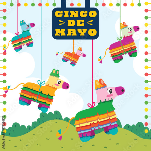 Colorful cinco de mayo illustration featuring hanging pi ata donkeys and decorations