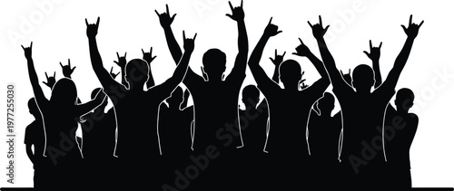 Silhouette of a cheering crowd with raised hands showing rock and roll signs at a music concert on white background,