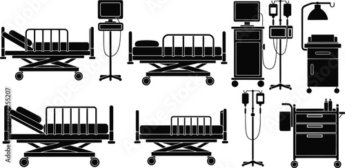 Set of hospital beds and medical equipment isolated on white background