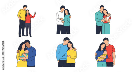 Set of romantic relationship illustrations showing couples in various stages of life including dating, marriage, and early parenthood with babies.