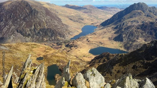 Ogwen Valley, Tryfan, Lake Llyn Idwal View from the Summit of Y Garn, Eryri Snowdonia National Park, North Wales, UK