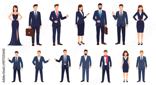 Extensive collection of business professionals and executives in formal suits and elegant dresses standing in diverse poses for corporate media.