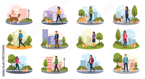 Diverse people enjoy walking their pet dogs in urban parks and city streets during a sunny day in this colorful illustration set.