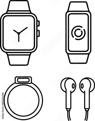 Set of wearable technology icons including smart watch and earphones