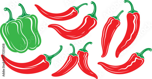 Set of fresh red chili peppers and green bell pepper isolated on white