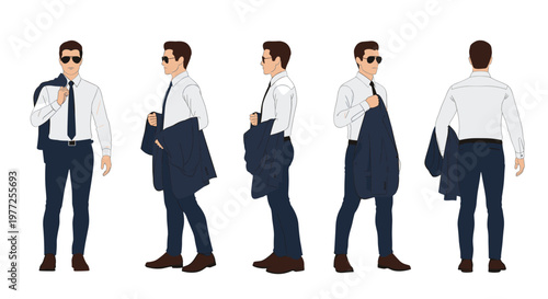 Male fashion model in a white shirt and dark trousers presents a stylish professional look from multiple camera angles and views.