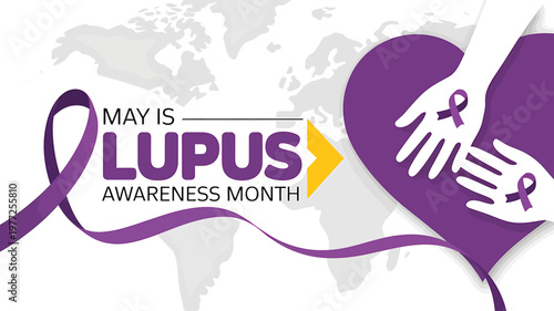 Lupus awareness month purple ribbon and hands on heart graphic design