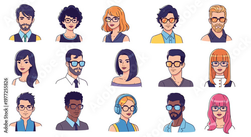 Diverse collection of people avatars features men and women wearing various styles of fashion eyewear and corrective glasses.