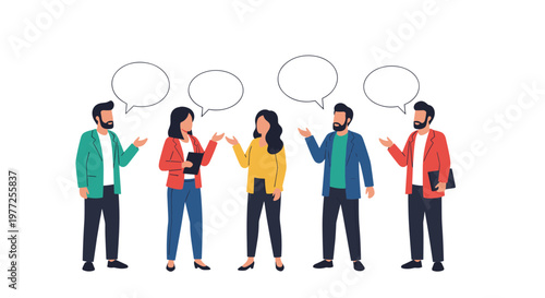 Group of professional people engage in dialogue and discussion with blank speech bubbles representing communication and collaboration.