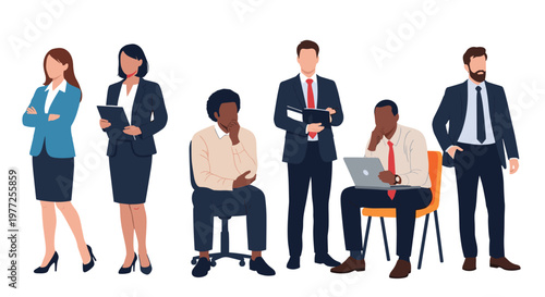 Group of professional business people demonstrate focused work attitudes through various poses including thinking and collaborating.