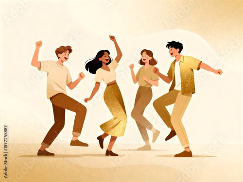 Illustration of a Cheerful Group of Young People Dancing – Energetic and Joyful Celebration.