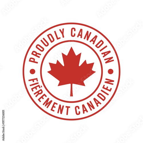 Proudly Canadian stamp with maple leaf and bilingual text