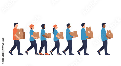 Group of delivery workers or volunteers carry cardboard boxes while walking in a row representing logistics and community service.