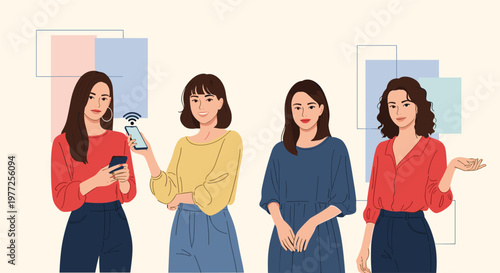 Group of stylish young women using their mobile phones with wireless network icons representing digital connectivity.