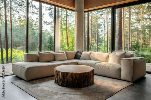 Photo of Beige corner sofa and round tree stump coffee table Minimalist home interior design of modern living room in house in forest
