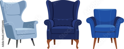 Armchair collection with classic and modern upholstered chairs in flat vector style, comfortable living room furniture isolated on white background for interior design