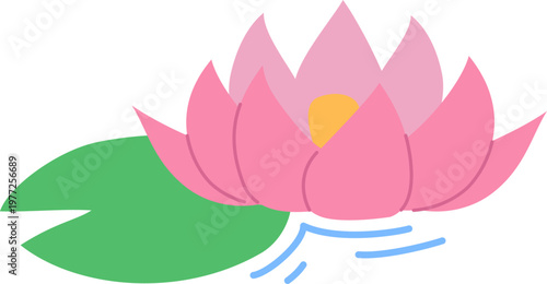 水面に咲く蓮の花と葉のかわいいイラスト