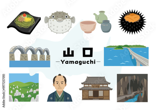 山口県の観光・名所・歴史・グルメアイコンセット（錦帯橋・角島大橋・秋吉台・秋芳洞・松下村塾・ふぐ・瓦そば）