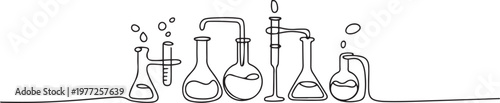 One continuous line of a collection of glass tubes of chemical lab equipment. one line Icon drawing