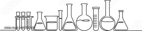One continuous line of a collection of glass tubes of chemical lab equipment. one line Icon drawing