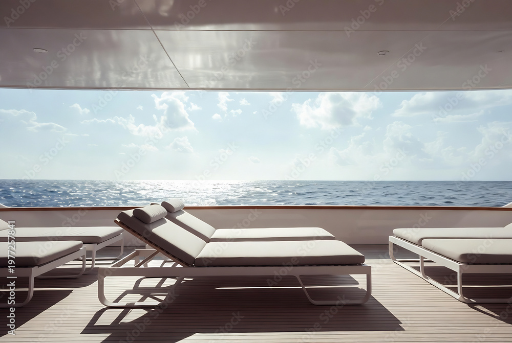 Fototapeta premium Luxury yacht deck with lounge chairs, overlooking a serene ocean and sky.