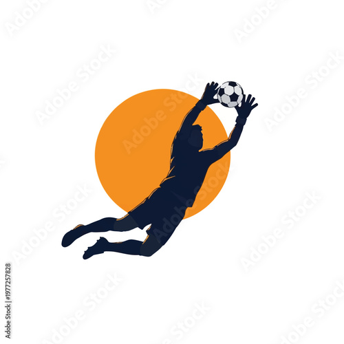 A dynamic silhouette of a goalkeeper jumping to catch a soccer ball against a large circular sun. High contrast, energetic mood, sharp geometric lines. flat vector illustration, solid flat block