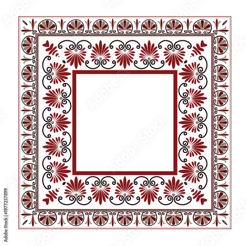 An exquisite square vector frame featuring traditional Greek palmette ornaments in terracotta brown. Classical border design for invitation, menu, label, textile, embroidery, Mediterranean ceramic