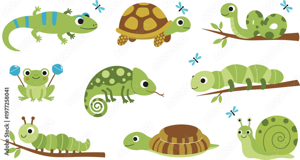 Obraz premium Adorable green cartoon reptile and insect collection featuring cute frogs, turtles, chameleons, lizards, snakes, snails, and caterpillars in a friendly textured illustrative style.