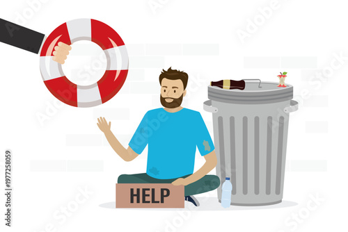Unhappy man in tattered clothes sits on the ground with - HELP sign, representing poverty and social crisis. Hand holding lifebuoy offers rescue, symbolizing charity and support