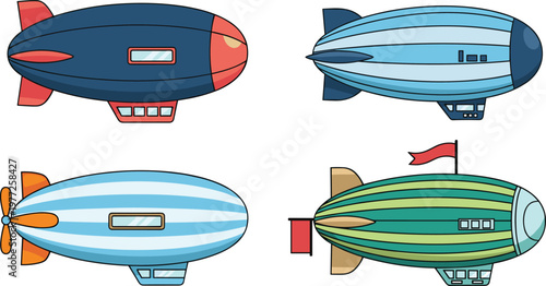 Airship Blimp Illustration Set with Vintage Zeppelin and Colorful Flying Balloon Designs for Aviation Travel and Transport Collection