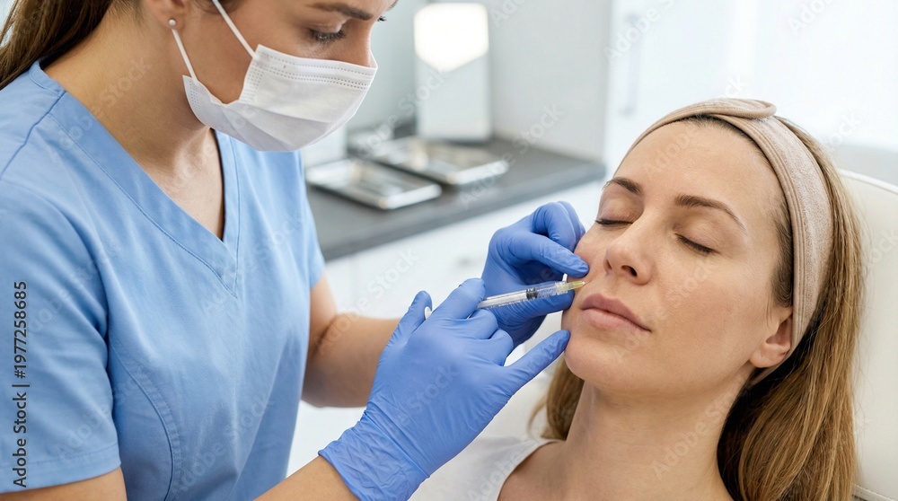 Naklejka premium Aesthetician injecting nasolabial fold filler for woman in beauty salon. Professional medical procedure for wrinkle reduction and facial skin rejuvenation with needle.