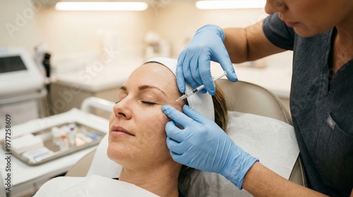 Professional aesthetician injecting facial dermal fillers in female patient at modern beauty clinic. Anti-aging treatment for eyes and wrinkles with syringe by dermatologist in gloves.