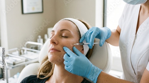 Close up of female patient receiving cheek filler injection at aesthetic medicine clinic. Professional dermatologist performing anti-aging skin rejuvenation treatment with syringe.