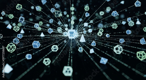 Decentralized Blockchain Network Concept with Glowing Geometric Nodes and Data Transfer Lines