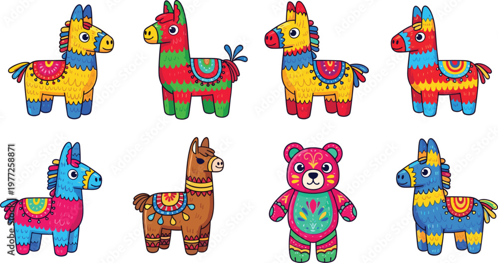 Fototapeta premium Colorful piñata animals collection with llama and bear, festive Mexican party decorations, bright cartoon characters for celebration, birthday, fiesta and cultural design themes