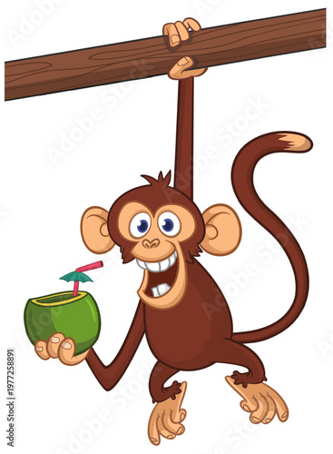 Cartoon funny brown monkey chimpanzee coconut cocktail in his hands. Vector illustration isolated on white