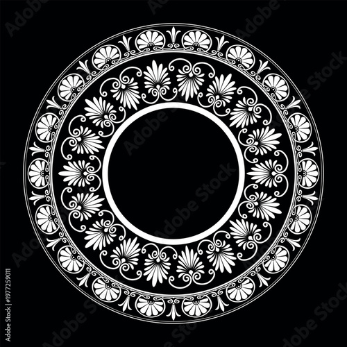 Oriental round plate with floral pattern. Ceramic plate with floral ornament on black background. Template for laser cutting, stencil, textile, engraving, embroidery, porcelain, Mediterranean ceramic