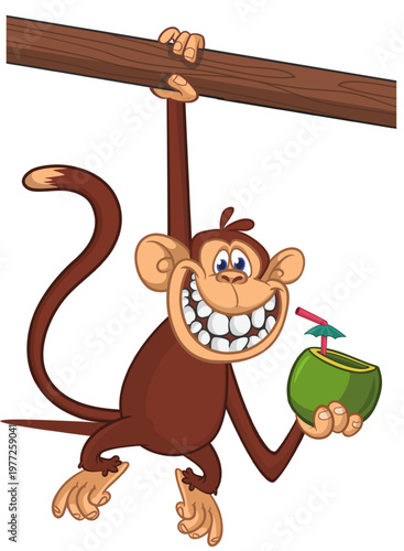 Cartoon funny brown monkey chimpanzee coconut cocktail in his hands. Vector illustration isolated on white