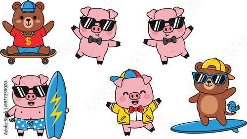 Cool animal characters collection with pig and bear wearing sunglasses and streetwear in flat vector style, trendy cartoon mascots isolated on white background for kids design