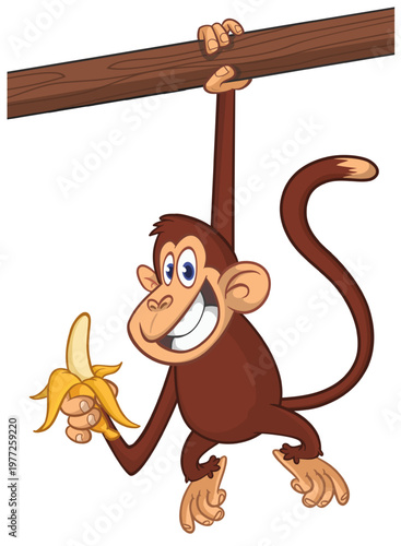 Cartoon funny monkey chimpanzee holding banana in his hands. Vector illustration of happy monkey character design isolated.