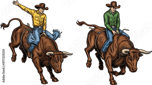 Cowboy riding bull illustration set, rodeo action scene with western rider on bucking bull, country lifestyle and ranch sport concept for agriculture, adventure and cowboy themes