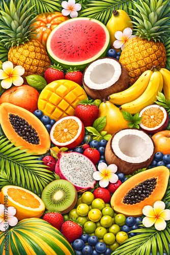 夏のトロピカルフルーツと南国の背景