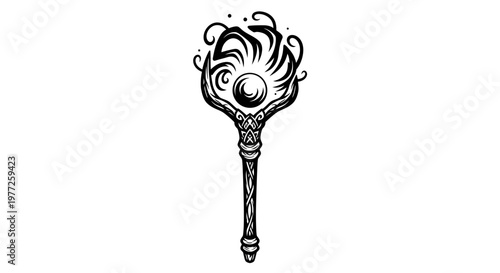 Black and White Illustration of a Magical Wizard Staff with Glowing Orb