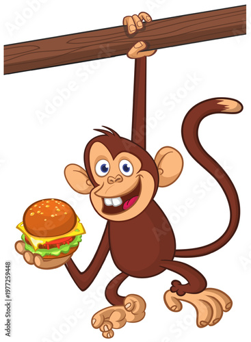Cartoon funny monkey chimpanzee holding hamburger or cheeseburger in his hands. Vector illustration of happy monkey character design isolated.