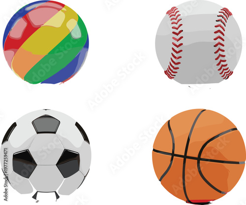 Sports Ball Illustration Set with Beach Ball Baseball Soccer Ball and Basketball for Game Equipment Design Collection