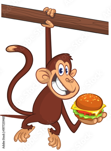 Cartoon funny monkey chimpanzee holding hamburger or cheeseburger in his hands. Vector illustration of happy monkey character design isolated.